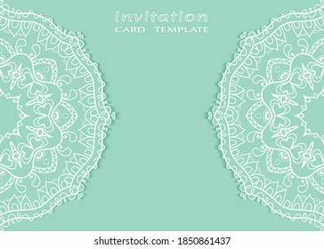 Invitation or Card template with lacе frame border, doodle line pattern, mandala element. Decorative openwork filigree art background for Wedding, Valentine's day greeting card, Birthday Invitation