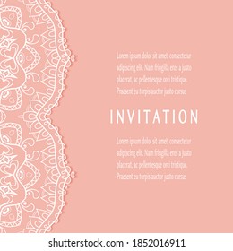 Invitation or Card template with lacе frame border, doodle line pattern, mandala element. Decorative openwork filigree art background for Wedding, Valentine's day greeting card, Birthday Invitation