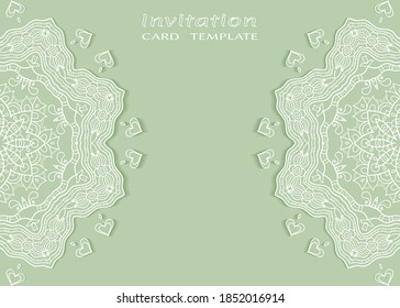 Invitation or Card template with lacе frame border, doodle line pattern, mandala element. Decorative openwork filigree art background for Wedding, Valentine's day greeting card, Birthday Invitation