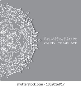 Invitation or Card template with lacе frame border, doodle line pattern, mandala element. Decorative openwork filigree art background for Wedding, Valentine's day greeting card, Birthday Invitation