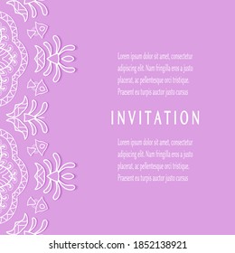 Invitation or Card template with lacе frame border, doodle line pattern, mandala element. Decorative openwork filigree art background for Wedding, Valentine's day greeting card, Birthday Invitation