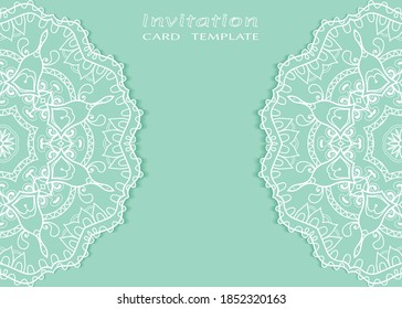 Invitation or Card template with lacе frame border, doodle line pattern, mandala element. Decorative openwork filigree art background for Wedding, Valentine's day greeting card, Birthday Invitation