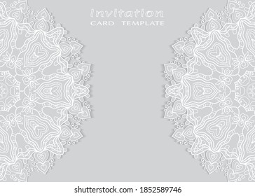Invitation or Card template with lacе frame border, doodle line pattern, mandala element. Decorative openwork filigree art background for Wedding, Valentine's day greeting card, Birthday Invitation