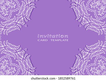 Invitation or Card template with lacе frame border, doodle line pattern, mandala element. Decorative openwork filigree art background for Wedding, Valentine's day greeting card, Birthday Invitation
