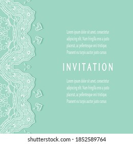 Invitation or Card template with lacе frame border, doodle line pattern, mandala element. Decorative openwork filigree art background for Wedding, Valentine's day greeting card, Birthday Invitation