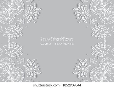 Invitation or Card template with lacе frame border, doodle line pattern, mandala element. Decorative openwork filigree art background for Wedding, Valentine's day greeting card, Birthday Invitation