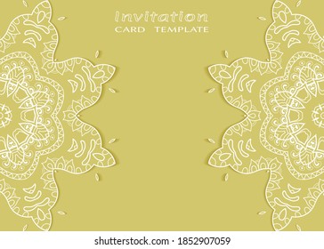 Invitation or Card template with lacе frame border, doodle line pattern, mandala element. Decorative openwork filigree art background for Wedding, Valentine's day greeting card, Birthday Invitation