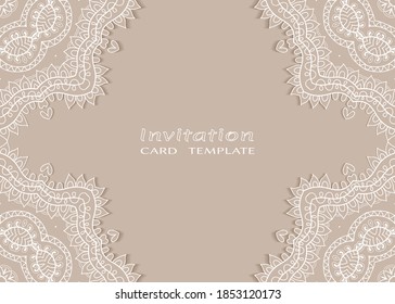 Invitation or Card template with lacе frame border, doodle line pattern, mandala element. Decorative openwork filigree art background for Wedding, Valentine's day greeting card, Birthday Invitation