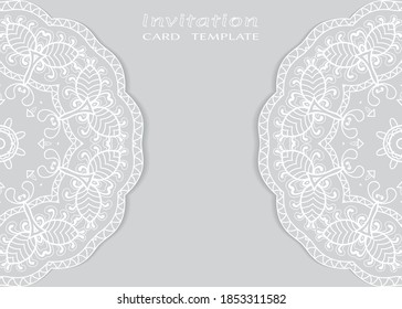 Invitation or Card template with lacе frame border, doodle line pattern, mandala element. Decorative openwork filigree art background for Wedding, Valentine's day greeting card, Birthday Invitation
