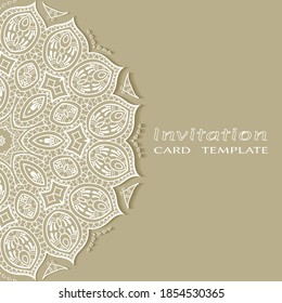 Invitation or Card template with lacе frame border, doodle line pattern, mandala element. Decorative openwork filigree art background for Wedding, Valentine's day greeting card, Birthday Invitation