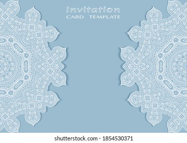 Invitation or Card template with lacе frame border, doodle line pattern, mandala element. Decorative openwork filigree art background for Wedding, Valentine's day greeting card, Birthday Invitation