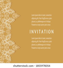Plantilla de invitación o tarjeta con borde de marco е lacado, patrón de línea de doodle, elemento mandala. Fondo decorativo de arte de fibra de trabajo abierto para boda, tarjeta de saludo de San Valentín, invitación de cumpleaños
