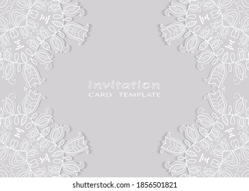 Invitation or Card template with lacе frame border, doodle line pattern, mandala element. Decorative openwork filigree art background for Wedding, Valentine's day greeting card, Birthday Invitation