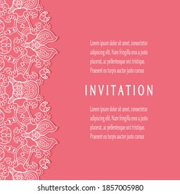 Invitation or Card template with lacе frame border, doodle line pattern, mandala element. Decorative openwork filigree art background for Wedding, Valentine's day greeting card, Birthday Invitation