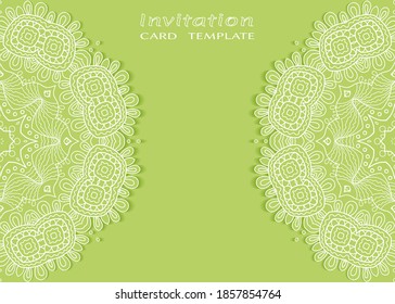 Invitation or Card template with lacе frame border, doodle line pattern, mandala element. Decorative openwork filigree art background for Wedding, Valentine's day greeting card, Birthday Invitation