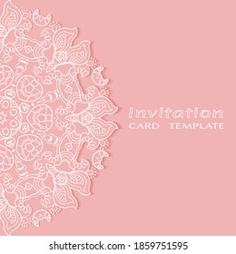 Invitation or Card template with lacе frame border, doodle line pattern, mandala element. Decorative openwork filigree art background for Wedding, Valentine's day greeting card, Birthday Invitation