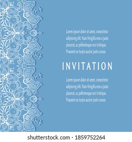 Invitation or Card template with lacе frame border, doodle line pattern, mandala element. Decorative openwork filigree art background for Wedding, Valentine's day greeting card, Birthday Invitation