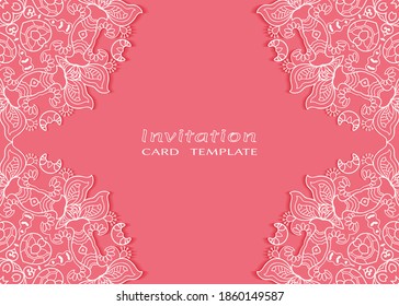 Invitation or Card template with lacе frame border, doodle line pattern, mandala element. Decorative openwork filigree art background for Wedding, Valentine's day greeting card, Birthday Invitation