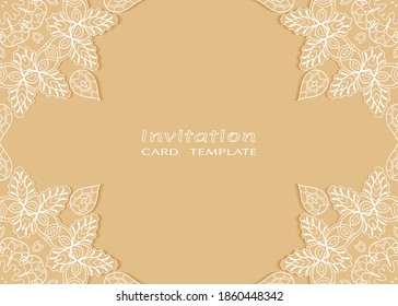 Invitation or Card template with lacе frame border, doodle line pattern, mandala element. Decorative openwork filigree art background for Wedding, Valentine's day greeting card, Birthday Invitation