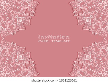 Invitation or Card template with lacе frame border, doodle line pattern, mandala element. Decorative openwork filigree art background for Wedding, Valentine's day greeting card, Birthday Invitation