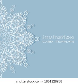 Invitation or Card template with lacе frame border, doodle line pattern, mandala element. Decorative openwork filigree art background for Wedding, Valentine's day greeting card, Birthday Invitation