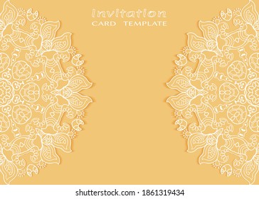 Einladung oder Kartenvorlage mit е Rahmenrahmen, doodle Linie Muster, mandala Element. Dekorative offene Arbeit figree Kunsthintergrund für Hochzeit, Valentinstag-Grußkarte, Geburtstagseinladung