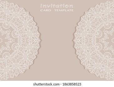 Invitation or Card template with lacе frame border, doodle line pattern, mandala element. Decorative openwork filigree art background for Wedding, Valentine's day greeting card, Birthday Invitation