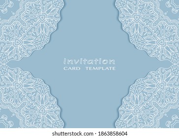 Invitation or Card template with lacе frame border, doodle line pattern, mandala element. Decorative openwork filigree art background for Wedding, Valentine's day greeting card, Birthday Invitation