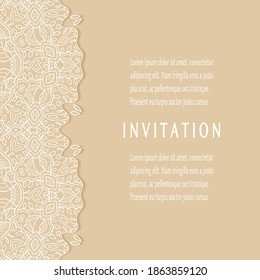 Plantilla de invitación o tarjeta con borde de marco е lacado, patrón de línea de doodle, elemento mandala. Fondo decorativo de arte de fibra de trabajo abierto para boda, tarjeta de saludo de San Valentín, invitación de cumpleaños