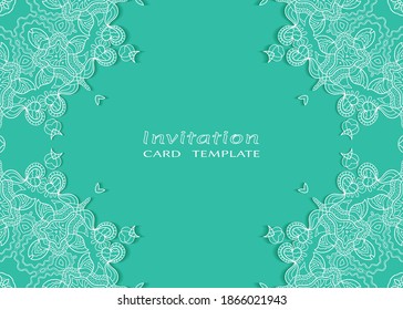 Invitation or Card template with lacе frame border, doodle line pattern, mandala element. Decorative openwork filigree art background for Wedding, Valentine's day greeting card, Birthday Invitation