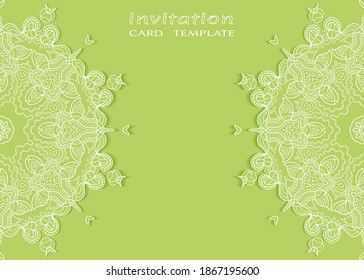 Plantilla de invitación o tarjeta con borde de marco е lacado, patrón de línea de doodle, elemento mandala. Fondo decorativo de arte de fibra de trabajo abierto para boda, tarjeta de saludo de San Valentín, invitación de cumpleaños