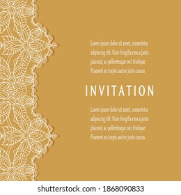 Plantilla de invitación o tarjeta con borde de marco е lacado, patrón de línea de doodle, elemento mandala. Fondo decorativo de arte de fibra de trabajo abierto para boda, tarjeta de saludo de San Valentín, invitación de cumpleaños