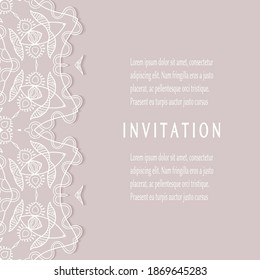 Invitation or Card template with lacе frame border, doodle line pattern, mandala element. Decorative openwork filigree art background for Wedding, Valentine's day greeting card, Birthday Invitation