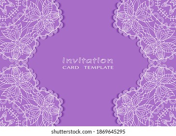 Invitation or Card template with lacе frame border, doodle line pattern, mandala element. Decorative openwork filigree art background for Wedding, Valentine's day greeting card, Birthday Invitation
