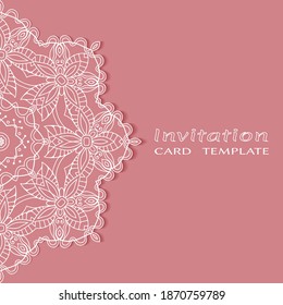 Invitation or Card template with lacе frame border, doodle line pattern, mandala element. Decorative openwork filigree art background for Wedding, Valentine's day greeting card, Birthday Invitation