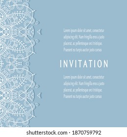 Plantilla de invitación o tarjeta con borde de marco е lacado, patrón de línea de doodle, elemento mandala. Fondo decorativo de arte de fibra de trabajo abierto para boda, tarjeta de saludo de San Valentín, invitación de cumpleaños