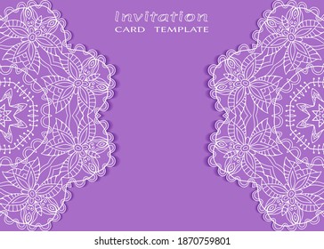 Invitation or Card template with lacе frame border, doodle line pattern, mandala element. Decorative openwork filigree art background for Wedding, Valentine's day greeting card, Birthday Invitation