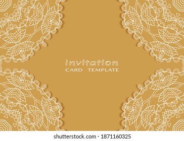 Plantilla de invitación o tarjeta con borde de marco е lacado, patrón de línea de doodle, elemento mandala. Fondo decorativo de arte de fibra de trabajo abierto para boda, tarjeta de saludo de San Valentín, invitación de cumpleaños