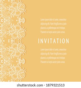 Invitation or Card template with lacе frame border, doodle line pattern, mandala element. Decorative openwork filigree art background for Wedding, Valentine's day greeting card, Birthday Invitation
