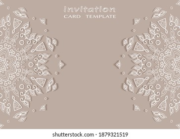 Plantilla de invitación o tarjeta con borde de marco е lacado, patrón de línea de doodle, elemento mandala. Fondo decorativo de arte de fibra de trabajo abierto para boda, tarjeta de saludo de San Valentín, invitación de cumpleaños