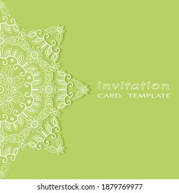 Invitation or Card template with lacе frame border, doodle line pattern, mandala element. Decorative openwork filigree art background for Wedding, Valentine's day greeting card, Birthday Invitation