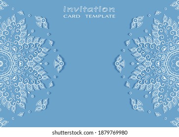 Invitation or Card template with lacе frame border, doodle line pattern, mandala element. Decorative openwork filigree art background for Wedding, Valentine's day greeting card, Birthday Invitation
