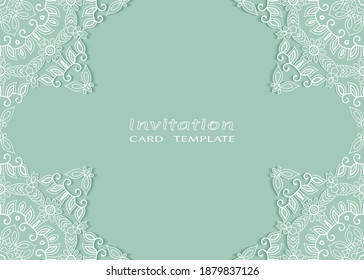 Invitation or Card template with lacе frame border, doodle line pattern, mandala element. Decorative openwork filigree art background for Wedding, Valentine's day greeting card, Birthday Invitation