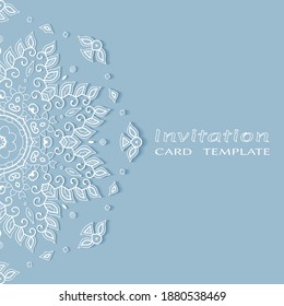 Plantilla de invitación o tarjeta con borde de marco е lacado, patrón de línea de doodle, elemento mandala. Fondo decorativo de arte de fibra de trabajo abierto para boda, tarjeta de saludo de San Valentín, invitación de cumpleaños