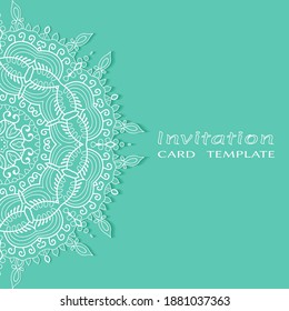 Invitation or Card template with lacе frame border, doodle line pattern, mandala element. Decorative openwork filigree art background for Wedding, Valentine's day greeting card, Birthday Invitation