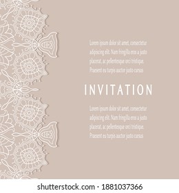 Plantilla de invitación o tarjeta con borde de marco е lacado, patrón de línea de doodle, elemento mandala. Fondo decorativo de arte de fibra de trabajo abierto para boda, tarjeta de saludo de San Valentín, invitación de cumpleaños