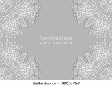 Invitation or Card template with lacе frame border, doodle line pattern, mandala element. Decorative openwork filigree art background for Wedding, Valentine's day greeting card, Birthday Invitation