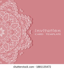 Invitation or Card template with lacе frame border, doodle line pattern, mandala element. Decorative openwork filigree art background for Wedding, Valentine's day greeting card, Birthday Invitation