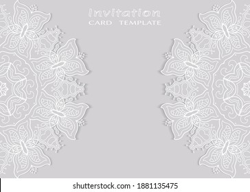 Invitation or Card template with lacе frame border, doodle line pattern, mandala element. Decorative openwork filigree art background for Wedding, Valentine's day greeting card, Birthday Invitation