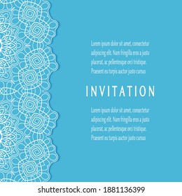 Plantilla de invitación o tarjeta con borde de marco е lacado, patrón de línea de doodle, elemento mandala. Fondo decorativo de arte de fibra de trabajo abierto para boda, tarjeta de saludo de San Valentín, invitación de cumpleaños